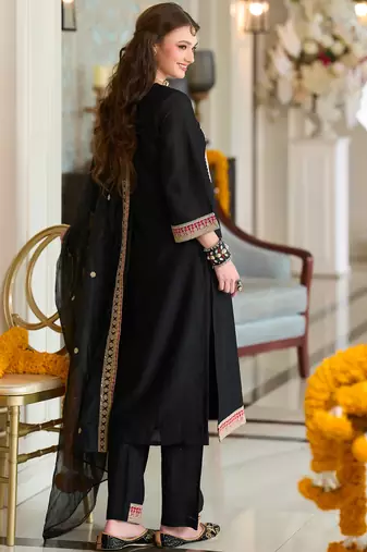 Black embroidered a-line kurta trousers with dupatta set