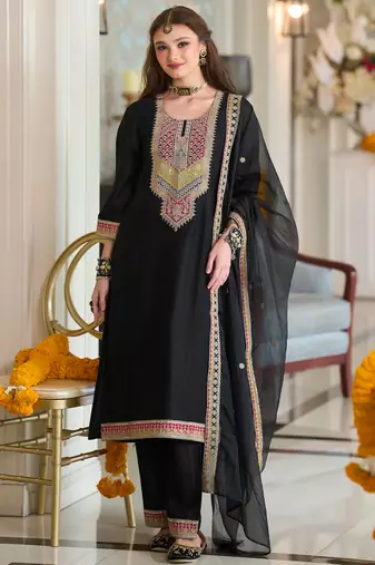 Black embroidered a-line kurta trousers with dupatta set
