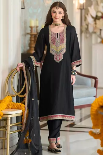 Black embroidered a-line kurta trousers with dupatta set