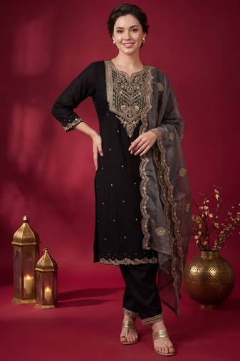 Black embroidered straight kurta trousers with dupatta set