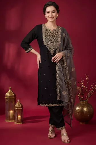 Black embroidered straight kurta trousers with dupatta set