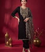 Black embroidered straight kurta trousers with dupatta set