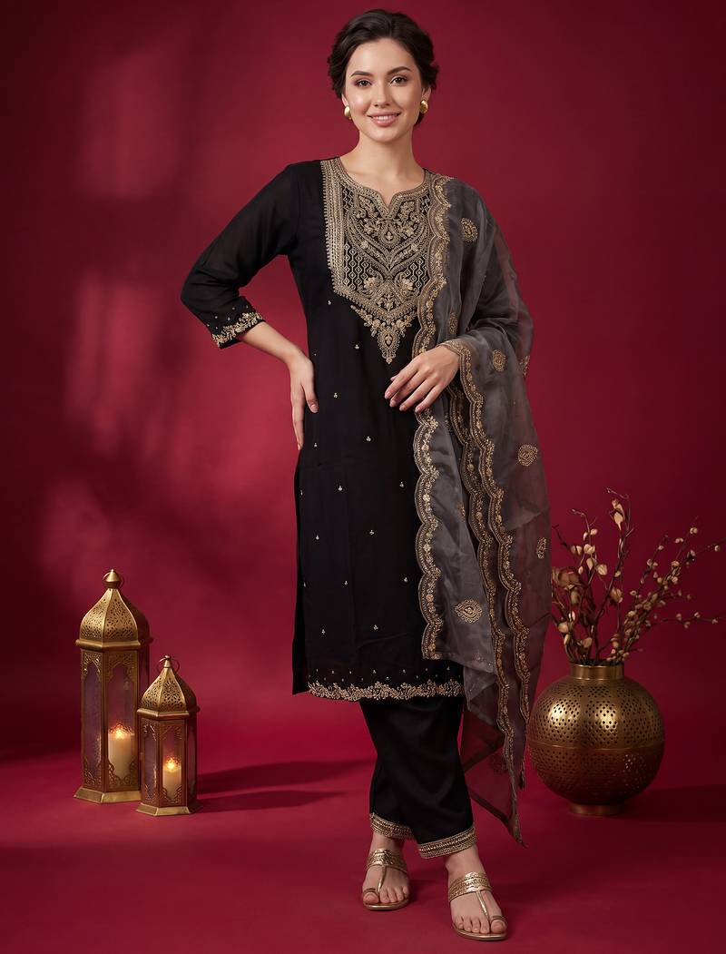 Black embroidered straight kurta trousers with dupatta set