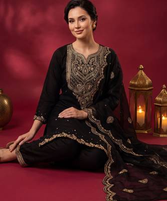 Black embroidered straight kurta trousers with dupatta set 2