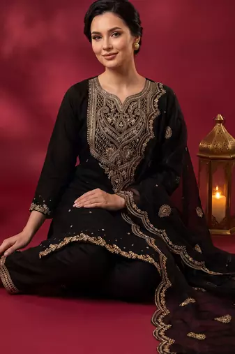 Black embroidered straight kurta trousers with dupatta set