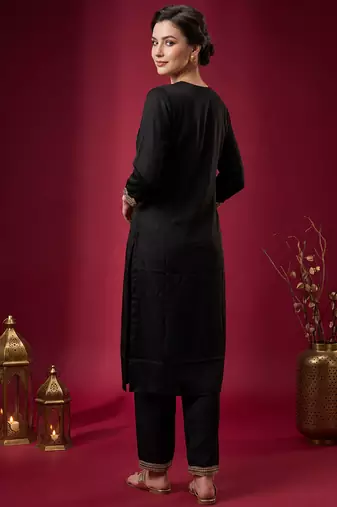 Black embroidered straight kurta trousers with dupatta set