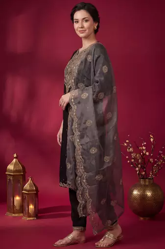Black embroidered straight kurta trousers with dupatta set