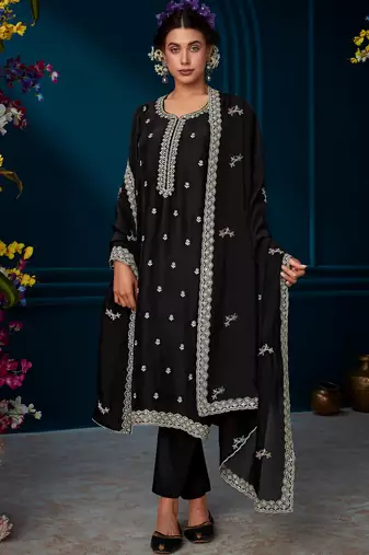 Black straight embroidered kurta trousers with dupatta set
