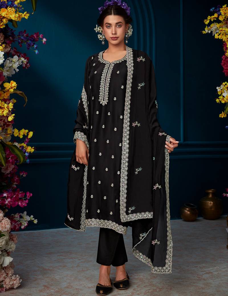 Black straight embroidered kurta trousers with dupatta set