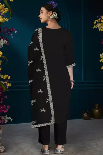 Black straight embroidered kurta trousers with dupatta set