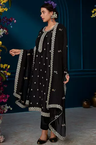 Black straight embroidered kurta trousers with dupatta set