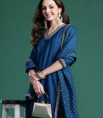 Blue embroidered straight kurta trousers with dupatta set