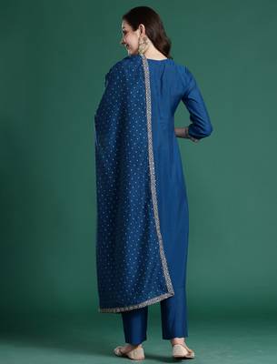 Blue embroidered straight kurta trousers with dupatta set 2
