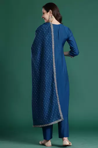 Blue embroidered straight kurta trousers with dupatta set