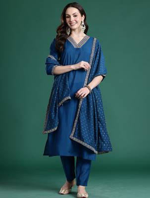 Blue embroidered straight kurta trousers with dupatta set 4