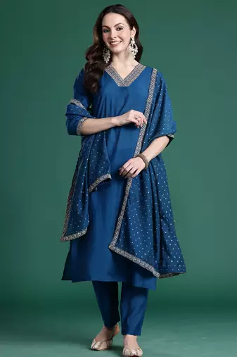 Blue embroidered straight kurta trousers with dupatta set