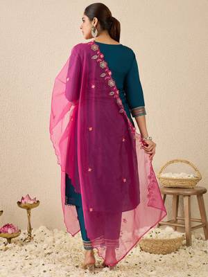 Blue embroidered straight kurta trousers with dupatta set 2