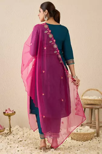 Blue embroidered straight kurta trousers with dupatta set