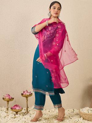 Blue embroidered straight kurta trousers with dupatta set 3