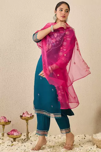 Blue embroidered straight kurta trousers with dupatta set