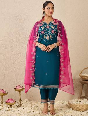 Blue embroidered straight kurta trousers with dupatta set 4