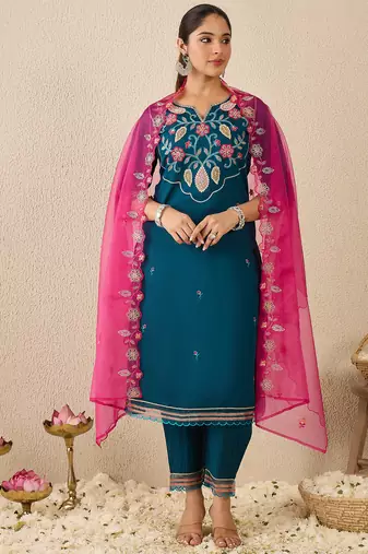Blue embroidered straight kurta trousers with dupatta set