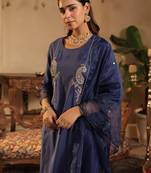 Blue embroidered straight kurta trousers with dupatta set