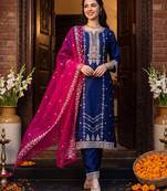 Purple embroidered straight kurta trousers with dupatta set