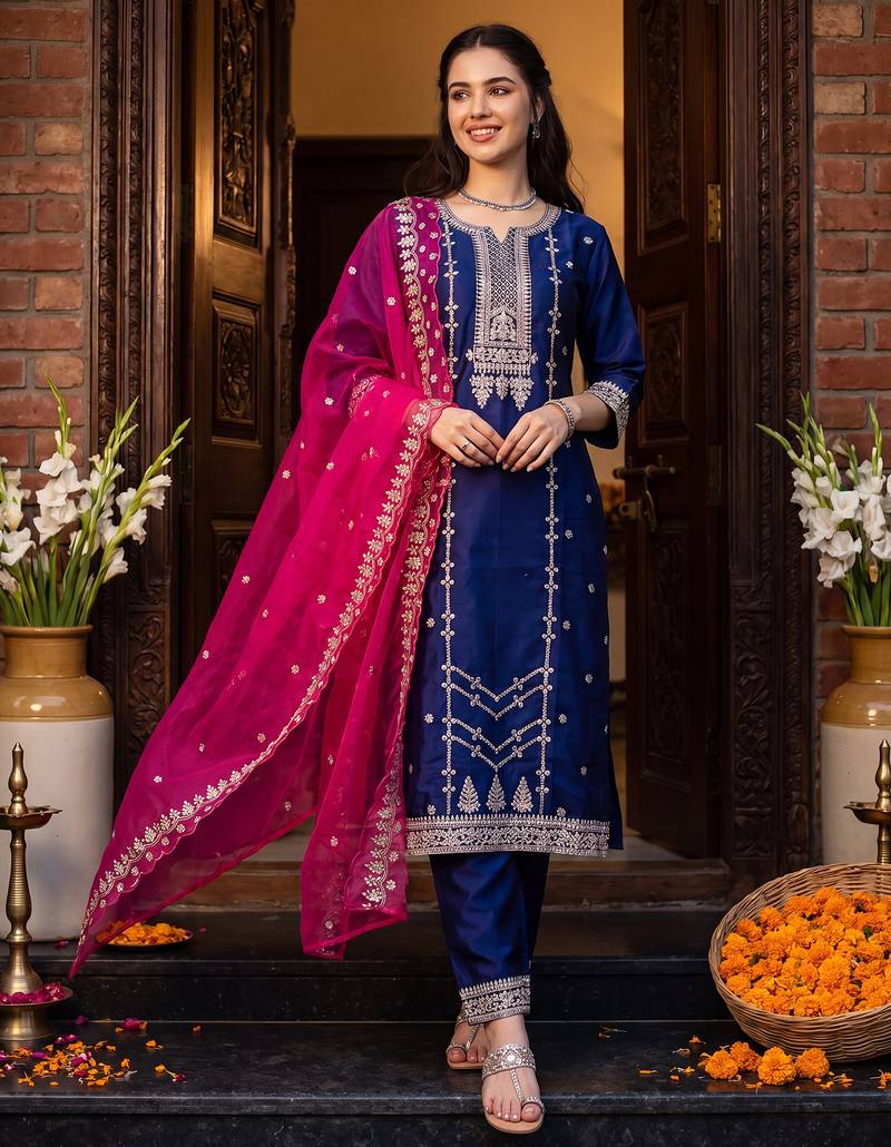 Purple embroidered straight kurta trousers with dupatta set