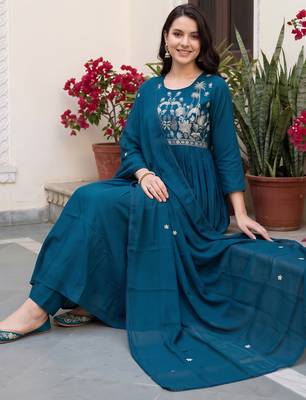 Blue embroidered anarkali kurta trousers with dupatta set 1