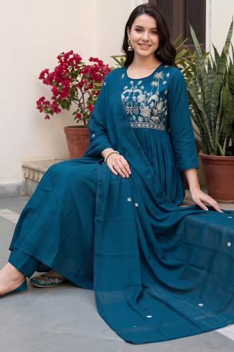 Blue embroidered anarkali kurta trousers with dupatta set