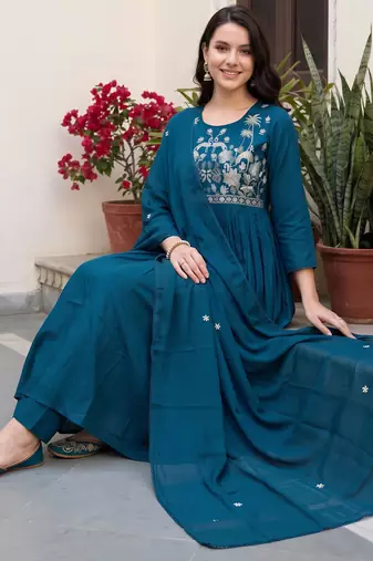 Blue embroidered anarkali kurta trousers with dupatta set