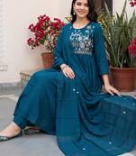 Blue embroidered anarkali kurta trousers with dupatta set