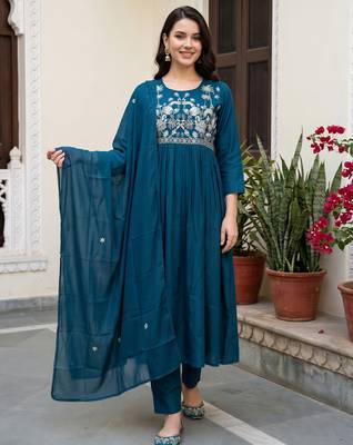 Blue embroidered anarkali kurta trousers with dupatta set 2