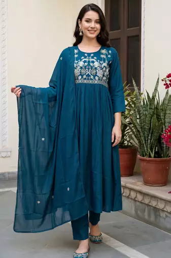 Blue embroidered anarkali kurta trousers with dupatta set