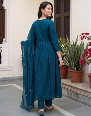 Blue embroidered anarkali kurta trousers with dupatta set 3