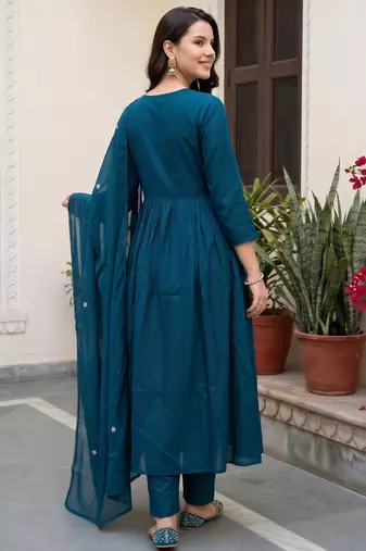 Blue embroidered anarkali kurta trousers with dupatta set