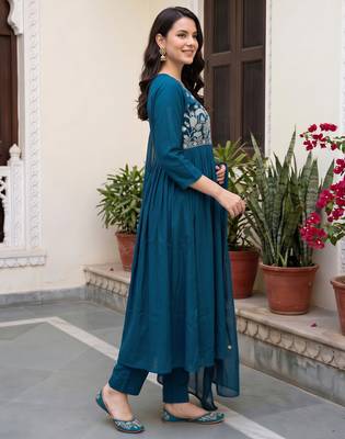 Blue embroidered anarkali kurta trousers with dupatta set 4