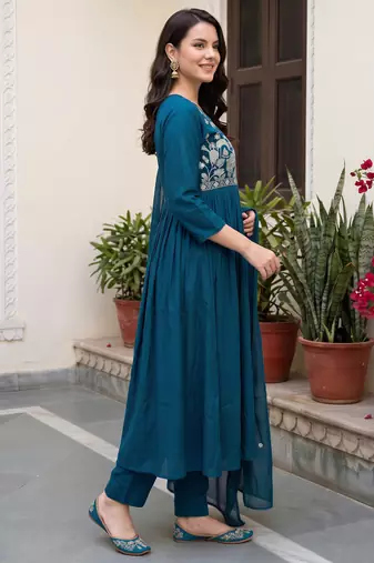 Blue embroidered anarkali kurta trousers with dupatta set
