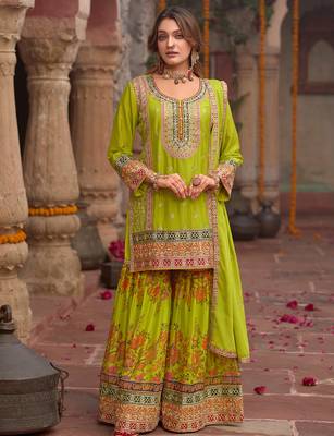 Green embroidered straight kurta sharara with dupatta set 1