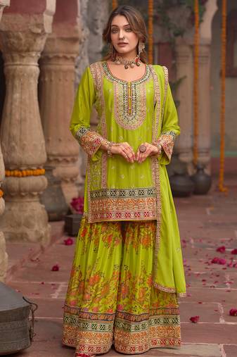 Green embroidered straight kurta sharara with dupatta set