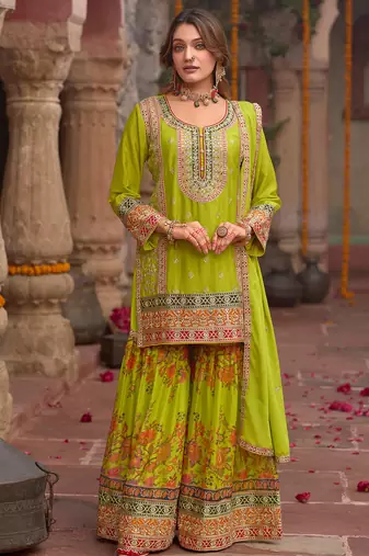 Green embroidered straight kurta sharara with dupatta set