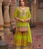 Green embroidered straight kurta sharara with dupatta set