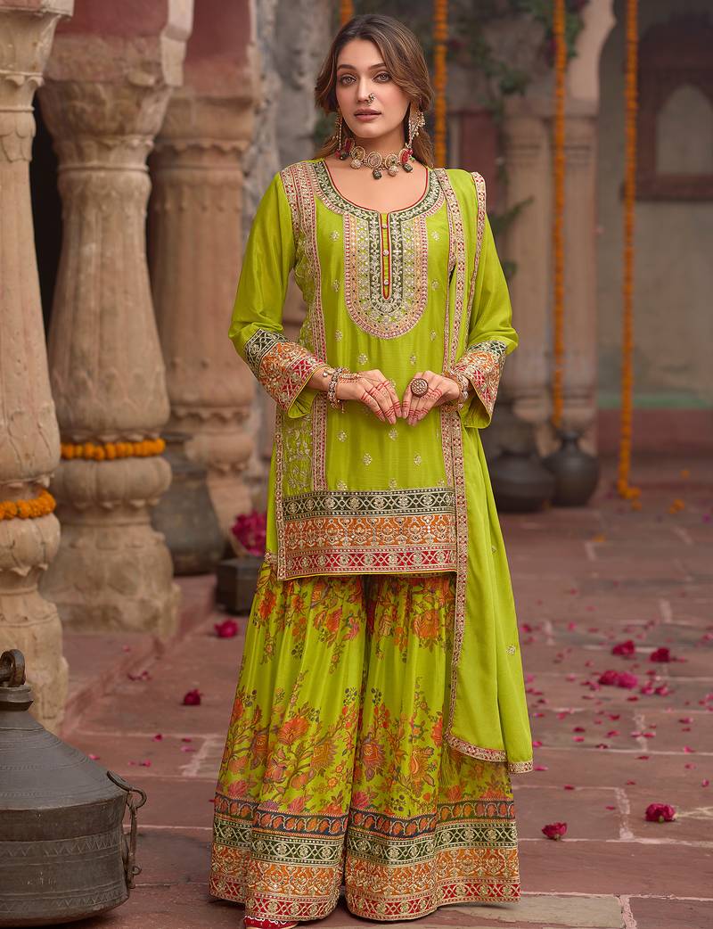 Green embroidered straight kurta sharara with dupatta set