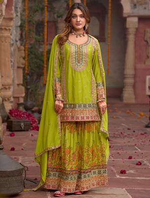 Green embroidered straight kurta sharara with dupatta set 2