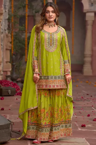 Green embroidered straight kurta sharara with dupatta set