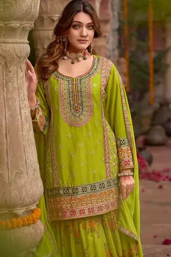 Green embroidered straight kurta sharara with dupatta set