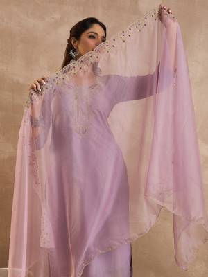 Lavender embroidered straight kurta trousers with dupatta set 1
