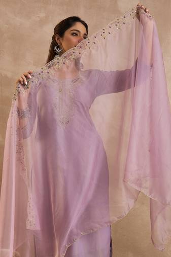 Lavender embroidered straight kurta trousers with dupatta set
