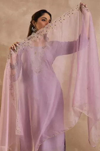 Lavender embroidered straight kurta trousers with dupatta set